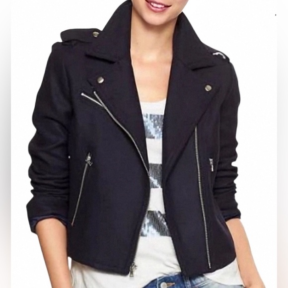 GAP Navy Wool Blend Moto Jacket - Picture 1 of 11